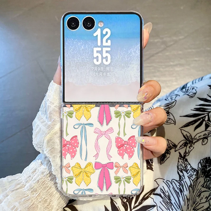 Cute Bowknot Pattern Phone Case For Samsung Galaxy Z Flip 8 7 6 5 4 3 Flip8 Flip7 FE Flip6 Clear Shockproof Folding Hard Cover
