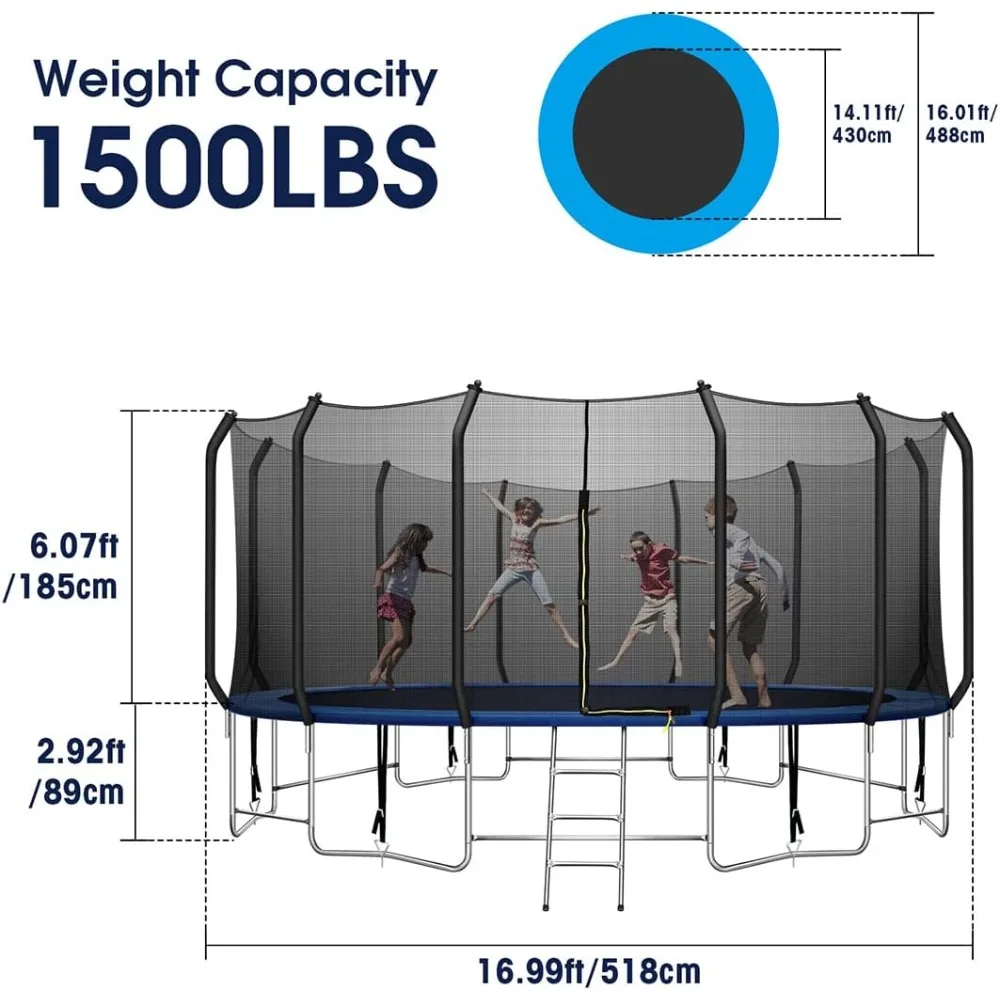 16FT Trampoline for Kids & Adults, with Safety Net & 6 Wind Stakes, with 1.6MM Thickened High End Curved Poles