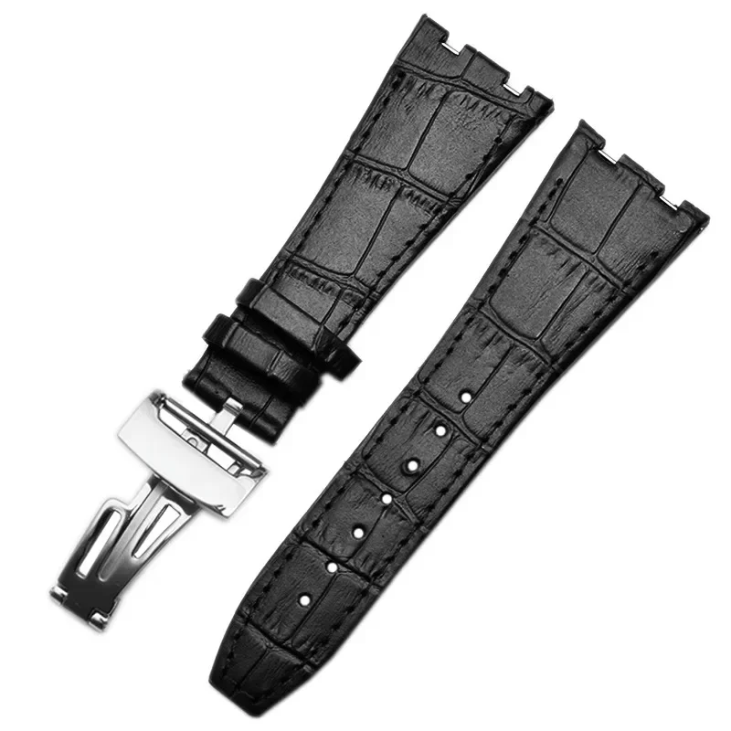 حزام ساعة من الجلد الأصلي لـ AP Audemars ، سلسلة Royal Oak البحرية للذكور ، الأسود والبني ، الطبقة العلوية ، ، ، ، 26