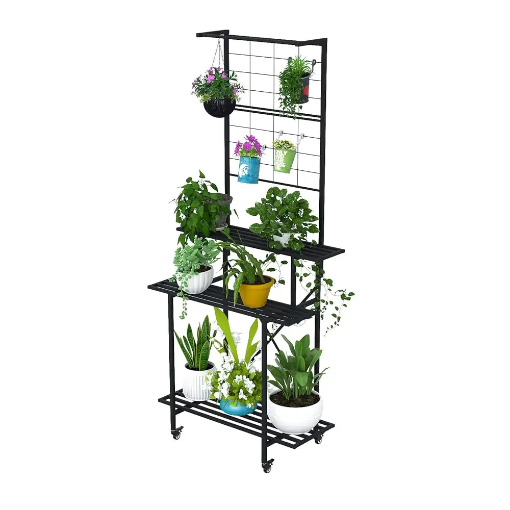 

3 Tier Heavy Duty Plant Stand With Hanging Plant Pot Shelf With Wheels, 35.43 L X 18.11 W X 81.1H Multi Layer Plant Holder For