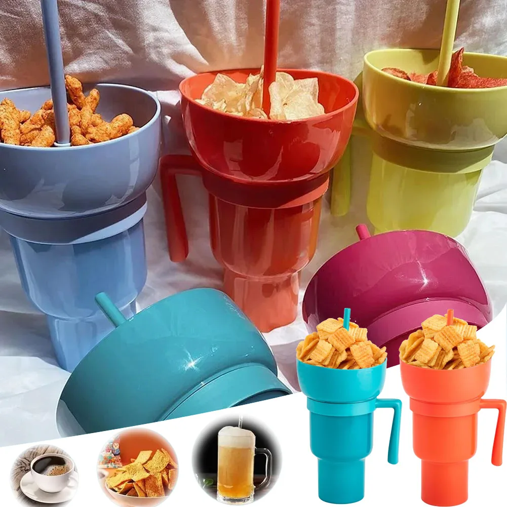 2In1 Snack Bowl Drink Cup with Straw Stadium Tumbler Water Bottle Straw Splash Proof Leakproof Portable Adults Kids Cinema Trip