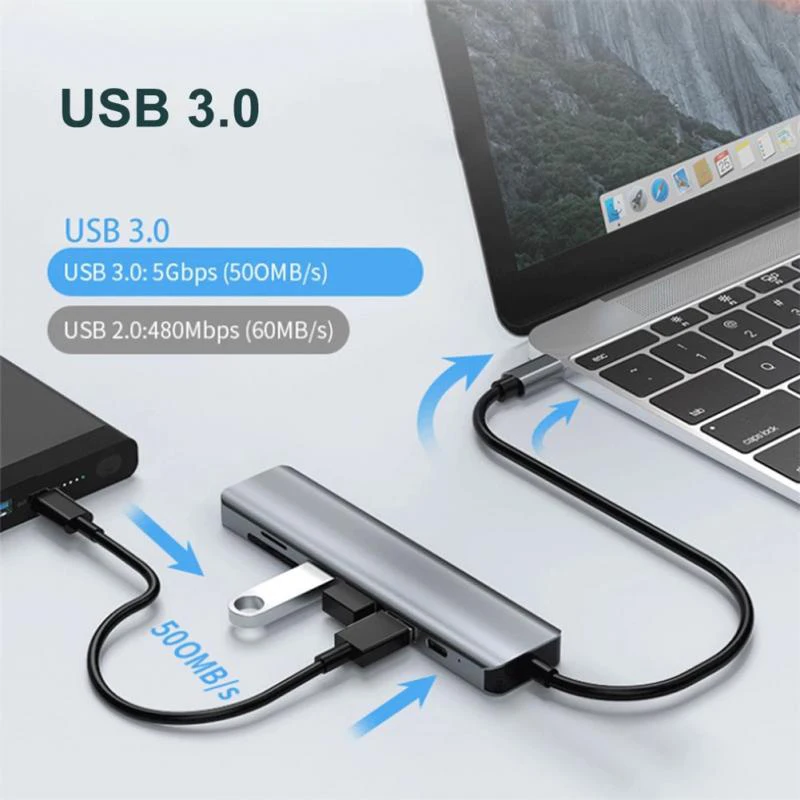 【Fast Ship】USB C Hub 7 IN 1 4K 30Hz 6 IN 1 Type C to HDMI 4K 2 USB 3.0 Ports SD TF Card Reader PD87W