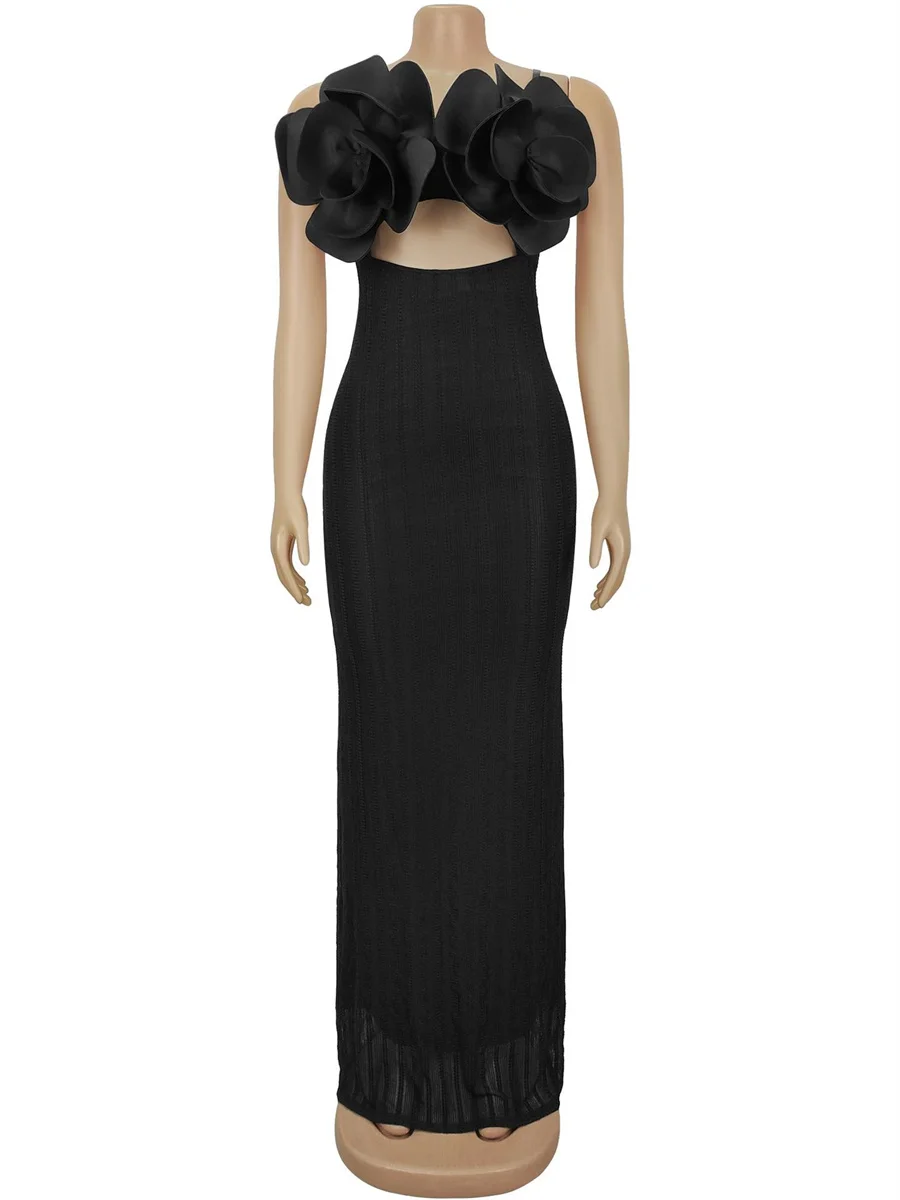 Kliou Moda sexy Abiti lunghi Donna Decorazione floreale 3d Collo basso Senza maniche Backless Hot Girls High Street Style Abiti