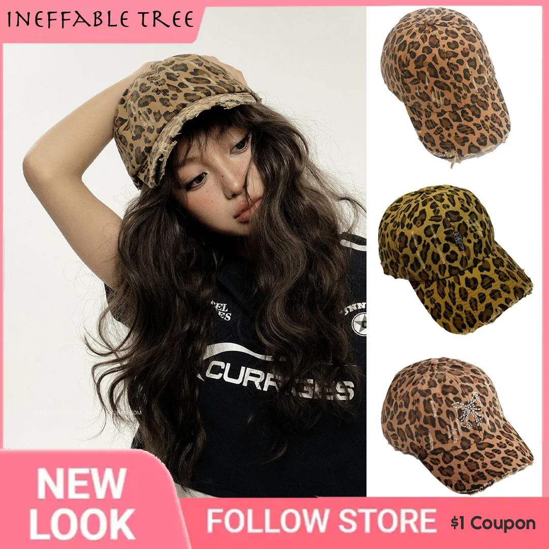 

Y2K America Leopard Print Bow Rhinestone Baseball Hats for Women Spring Summer Retro All-Match Street Brim Snapback Cap Gorras