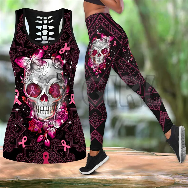 Skull Pink For Girl Woman Hollow Tank Top Leggings Set 3D Printed Tank Top+Legging Combo Outfit Yoga Fitness Legging Women