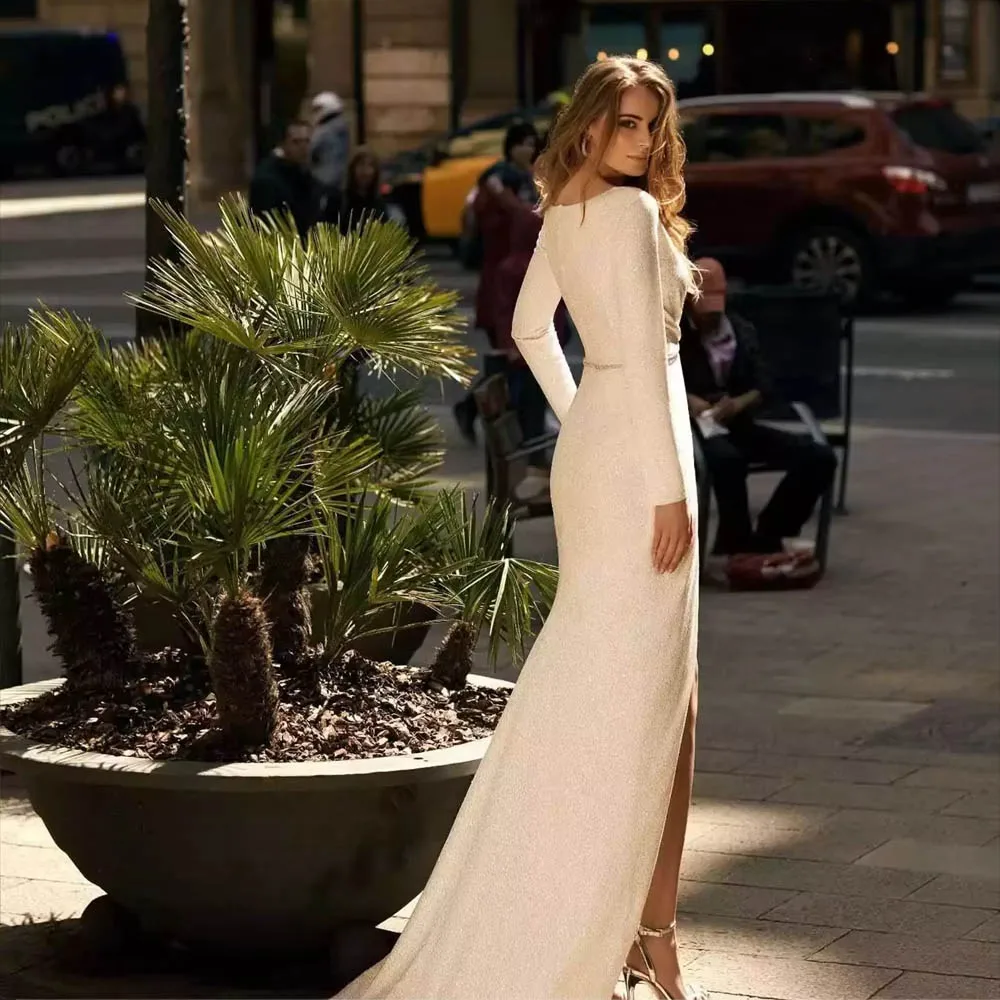 Customized V-neck Shiny Sequins Beaded Belt Wedding Dress For Woman Bride Mermaid Side High Split  Bridal Gown