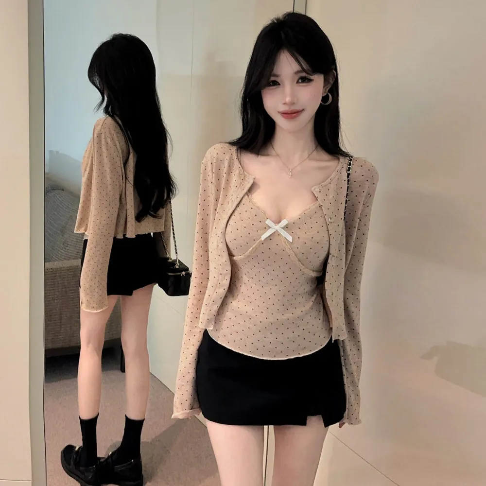 Thickened Polka Dot Print  Knot Low Chest V-neck Sexy Long Sleeve Wrap Cardigan Top Two-piece Set Women's Fashion