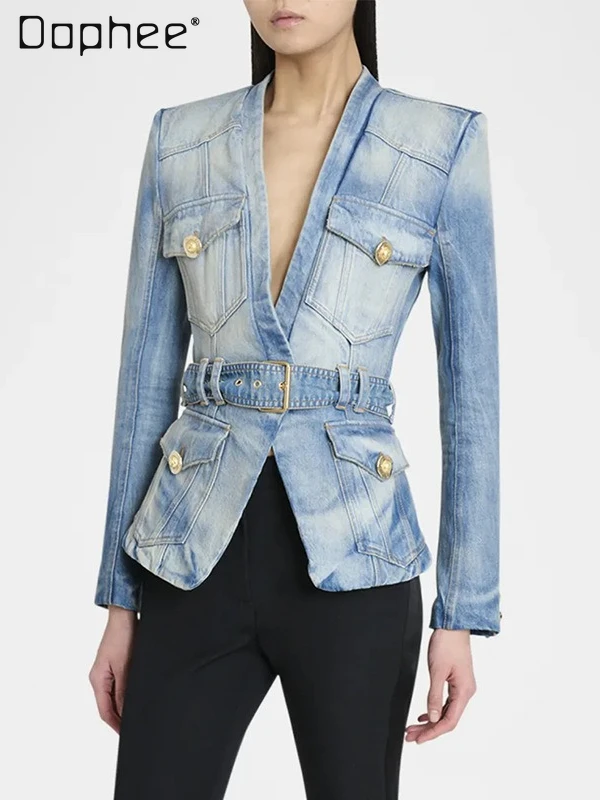 

2025 Autumn New Fashion Personality Trendy Vintage Distressed Denim Jackets for Women Belt Slim Long Sleeve Deep V-neck Jackets