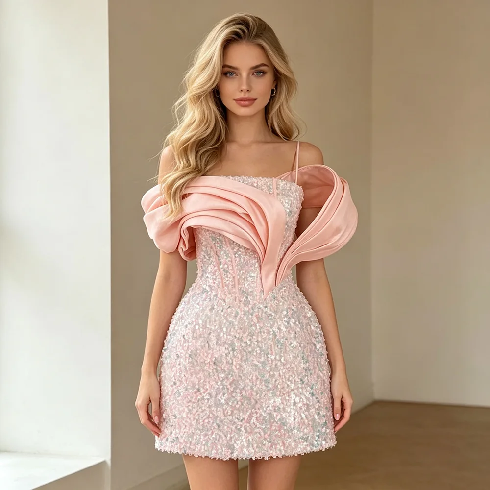 Off Sholder Peach Sequins Short Prom Dresses Mini Graduation Dress Wedding Birthday Party Dress Evening Dress Customized
