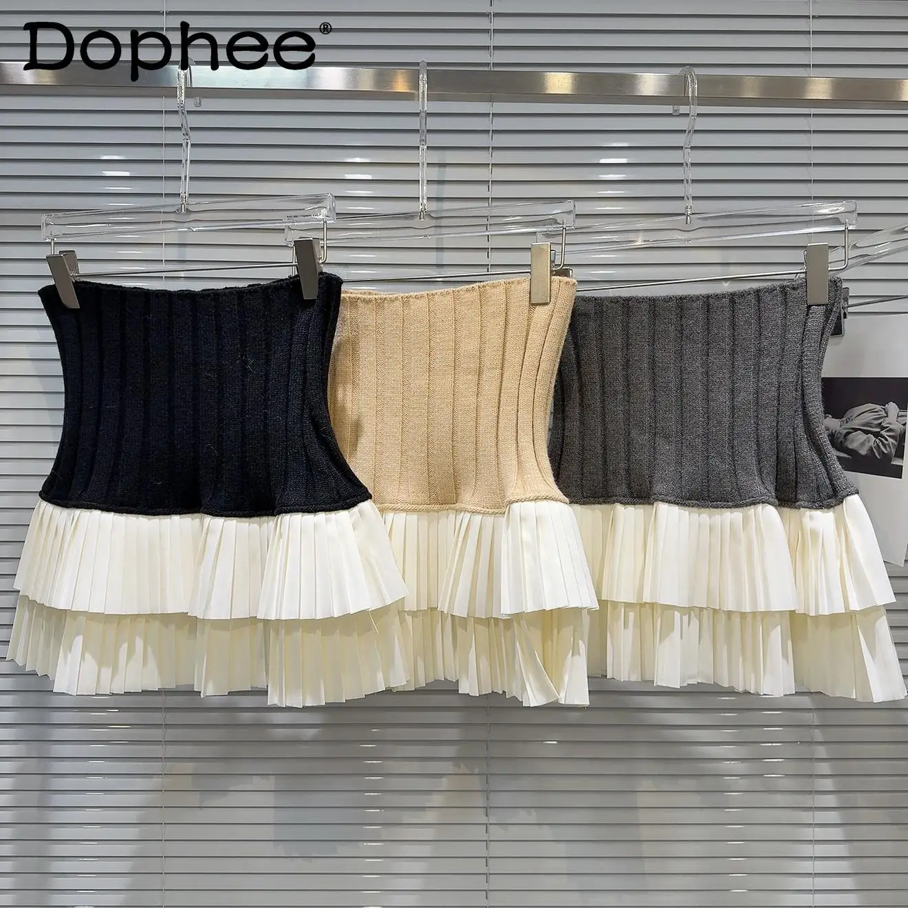 2024 Winter New Sweet High-waisted Threaded Knitted Splicing Pleated Skirt Women A Line Short Skirt Ruffle Skirt Female Student