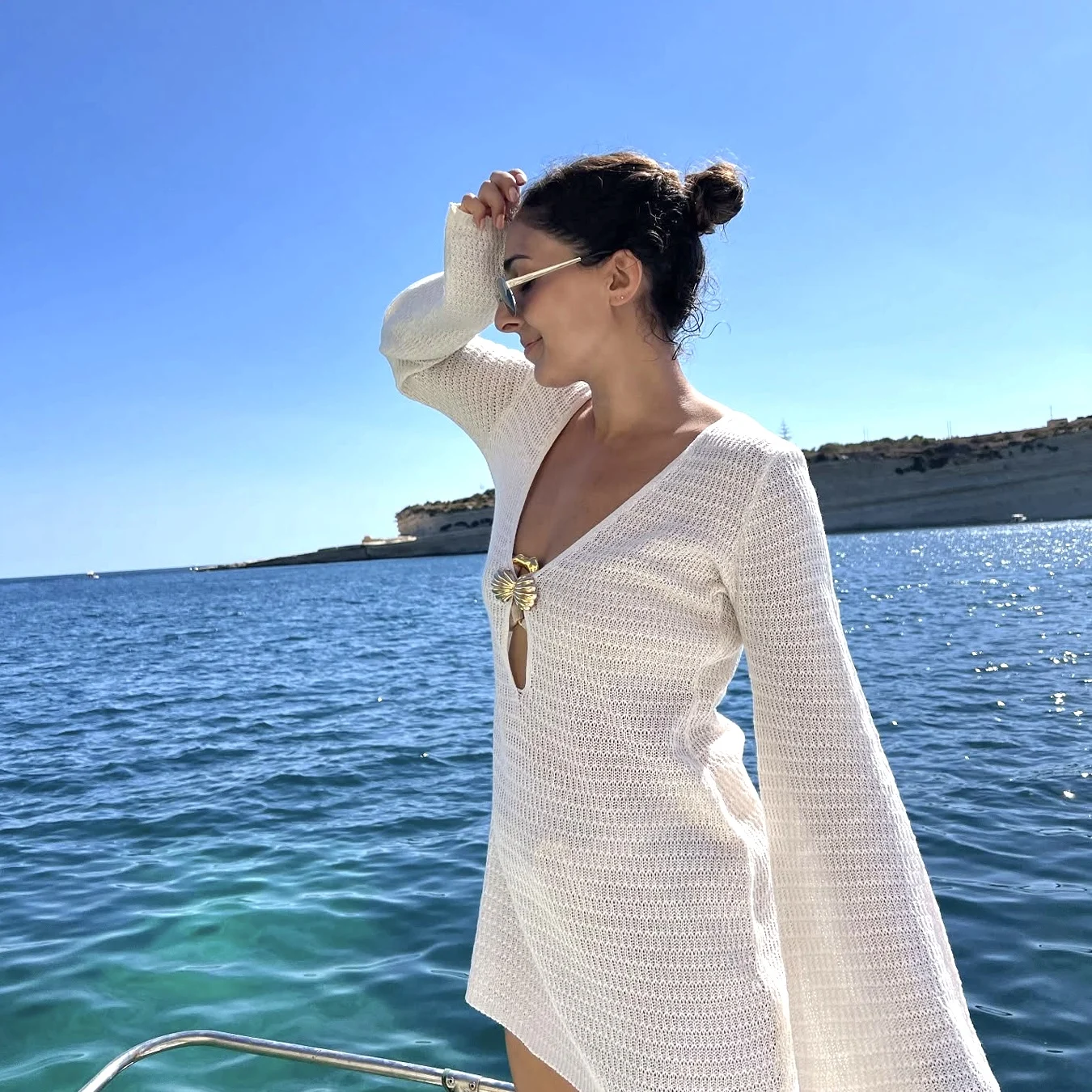 

Вязаное короткое стильное платье с декором в виде ракушки, повседневная накидка с длинными рукавами, одежда для пляжного отдыха, облегающая весенне-осенняя мода