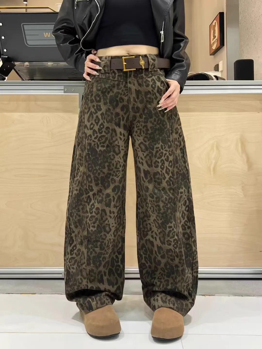 

Y2K брюки с леопардовым принтом, женские широкие брюки с высокой талией, рабочая одежда в стиле ретро, утягивающая универсальная нишевая конструкция, осенняя новинка