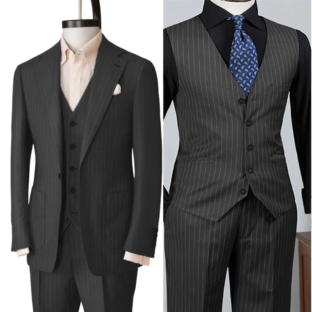 

Customized men's striped suit 3-piece set Groom's wedding striped suit Business Striped jacket striped trousers Striped vest