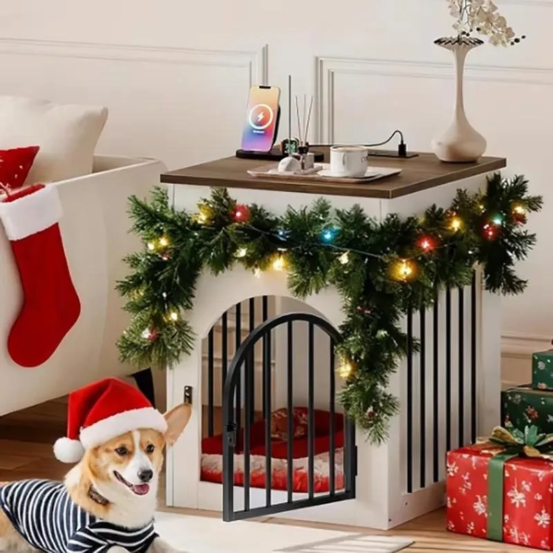 Modern Wooden Dog Cage Furniture with Charging Station and Storage Drawers for Small Dogs White Walnut Finish for Living Room