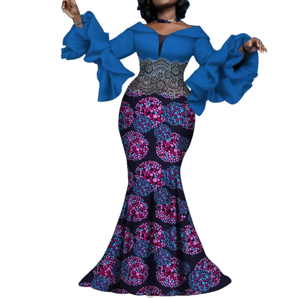 Robe africaine élégante taille haute pour femme, dentelle noire, imprimé Ankara, robe maxi Batik, fête de mariage, tenue de soirée, WY10audit