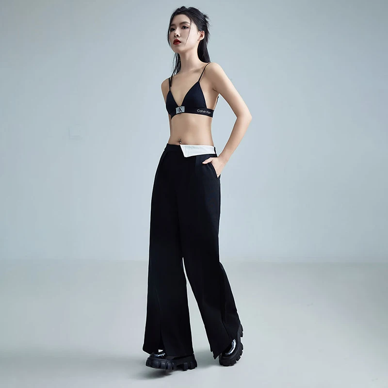 Women's Drapped Wide Leg Pants Black Long Trousers Cotton Elastic High Waist Split 2024 New Spring Autumn Streetwear with Pocket