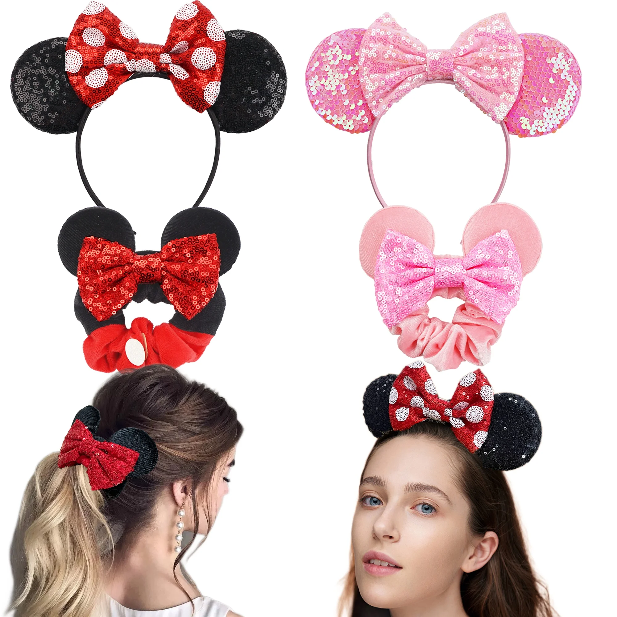 Mickey ears Mouse Headbands Sparkle Sequins Mickey Hair Bows Scrunchies Hair Bands Minnie Ears Hair Accessories for Girls