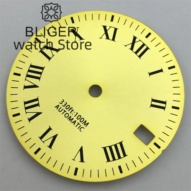 BLIGER-esfera de oro de 29mm para NH35 NH36, esfera negra, índice romano, verde, movimiento, ajuste de corona de 3 en punto, corona de 3,8 en punto