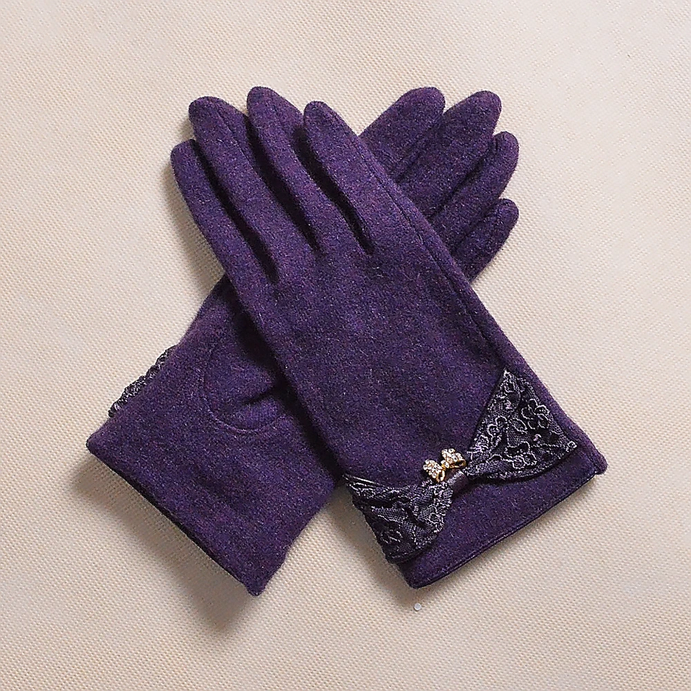 New Fall Winter Wool Solid Gloves Fashion Lace Embroideried And Bow Rhinestones Pendant Elegant Purple Mitten Gloves