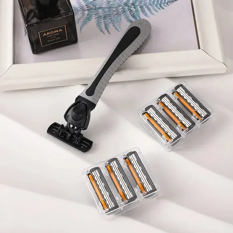 Lâmina de barbear de três camadas, barbeador manual antigo, aparador de cabelo masculino, 2 suporte de faca, 18 cabeças de faca, cabeça de faca de substituição de 3 camadas