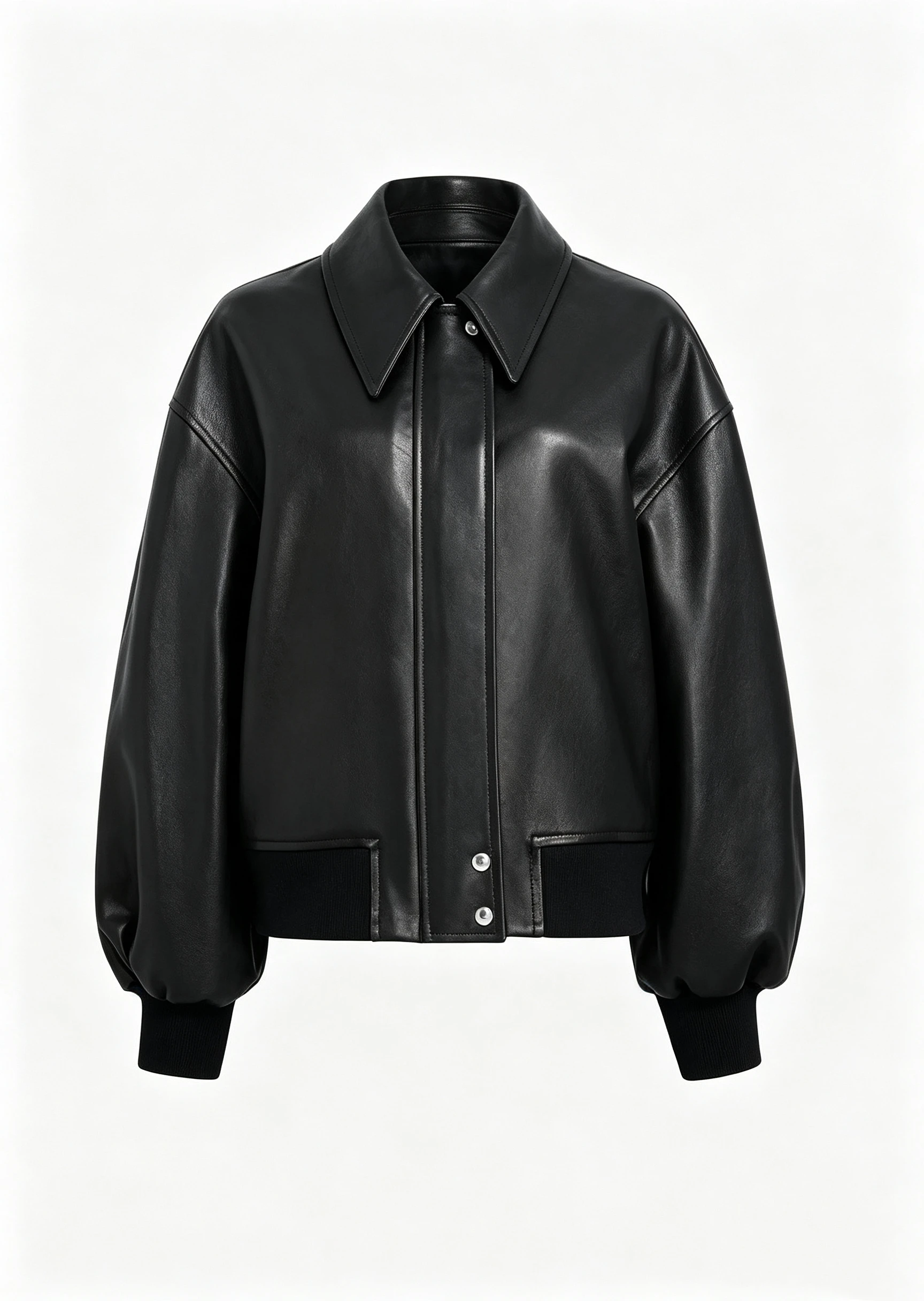 Luxury Black Nappa Leather Bomber Jacket with Oversized Lapel and Ribbed Cuffs