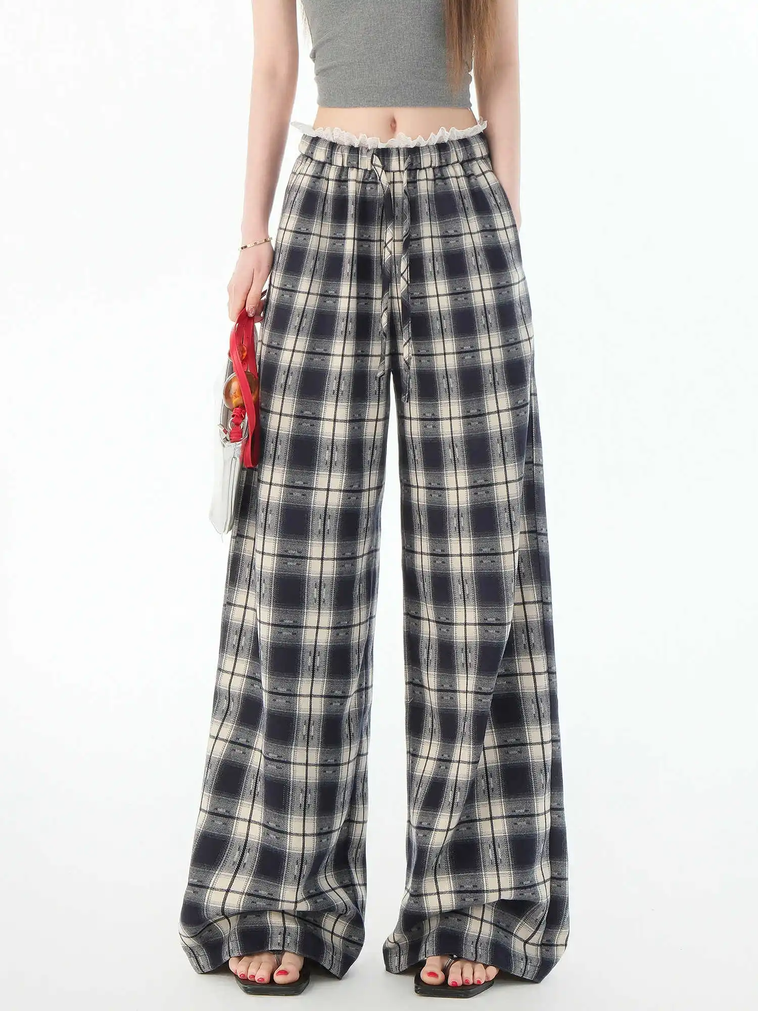 

Женские мешковатые длинные брюки в клетку, широкие брюки в стиле Харадзюку, свободные повседневные бегуны High Street Y2k, японский прилив, американский ретро, новинка