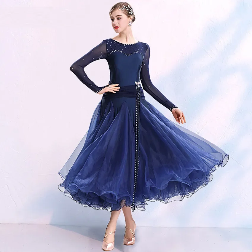 

Women Navy Blue Ballroom Standard Dance Dress Tango Dress Vintage Tango Dress Viennese Waltz Costume