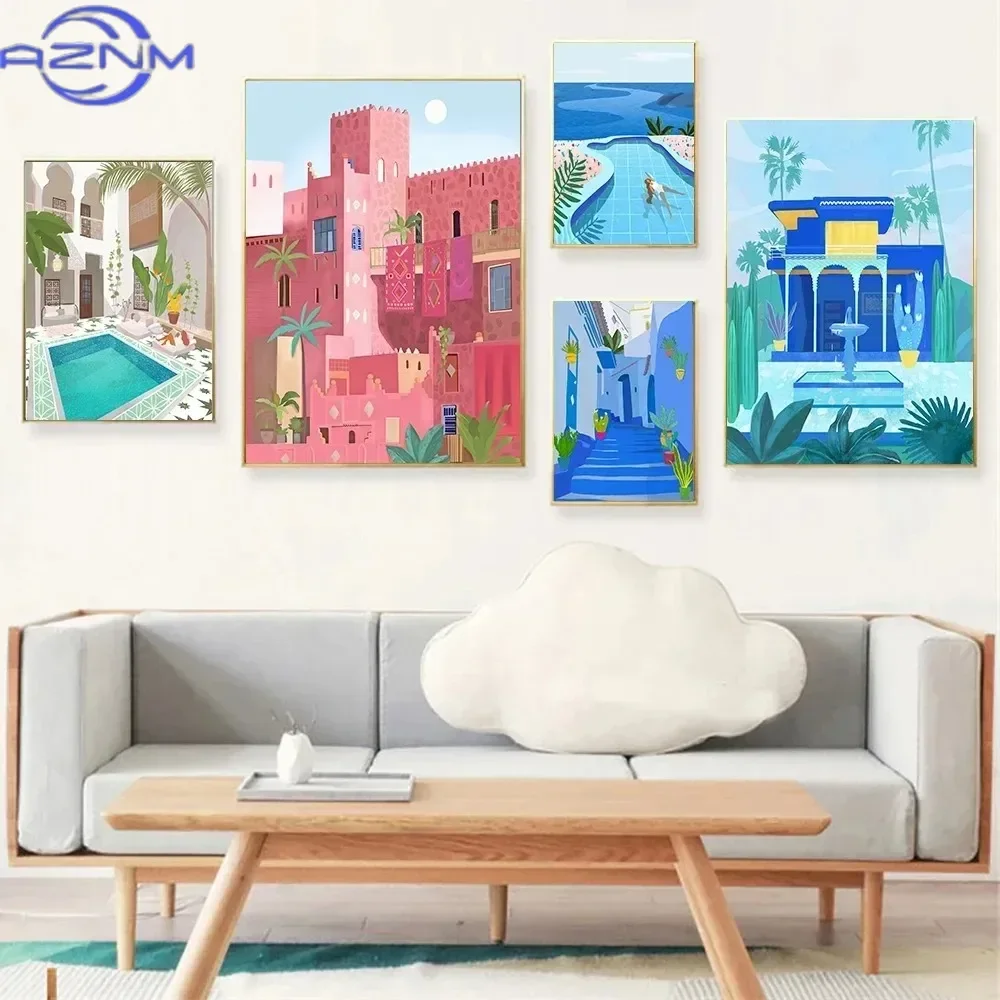 Pósteres artísticos de pared de Marrakech, estilo nórdico, para piscina, viajes a Marruecos, impresión minimalista, pintura en lienzo para decoración del hogar y sala de estar