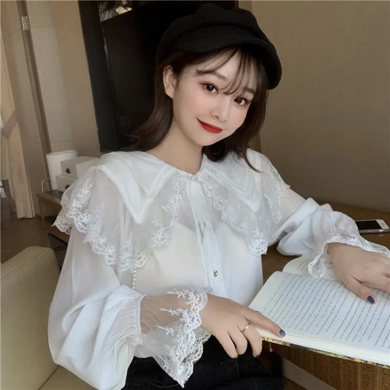 Hikigawa Chic Fashion Women Korean Loose Peter Pan Collar Lace Long Sleeve Shirts Summer Vintage Elegant Blouse Tops Mujer