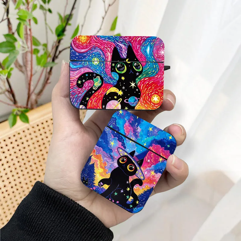 Kawaii Starry Sky Cat AirPods Case Black Wireless Bluetooth Earphone Case for Apple Airpods 1 2 3 Pro 2 Protective Case