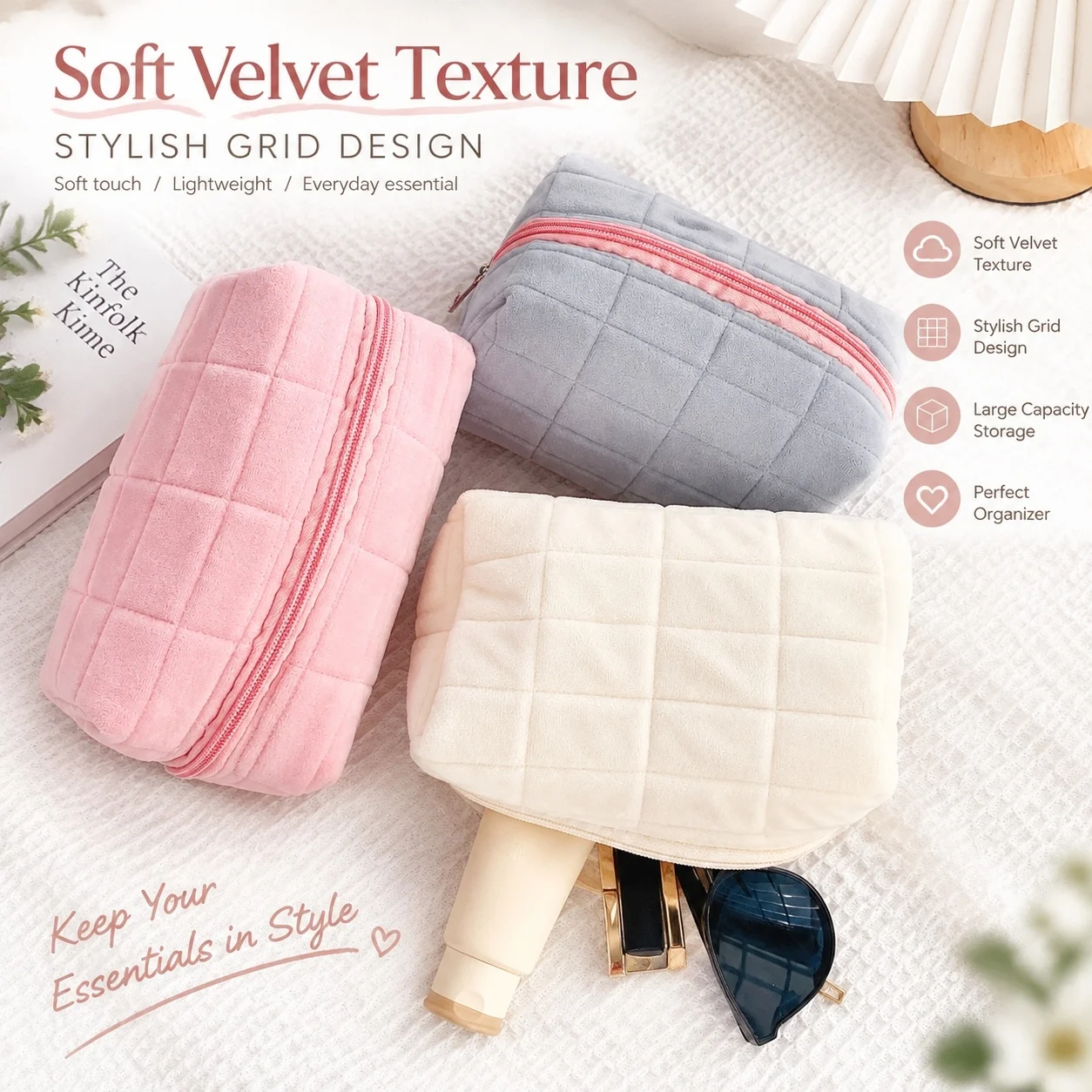 Cute Plush Makeup Bag for Women Portable Travel Small Cosmetic Bags Solid Color Zipper Toiletry Bag Washing Pouch Storage Bags