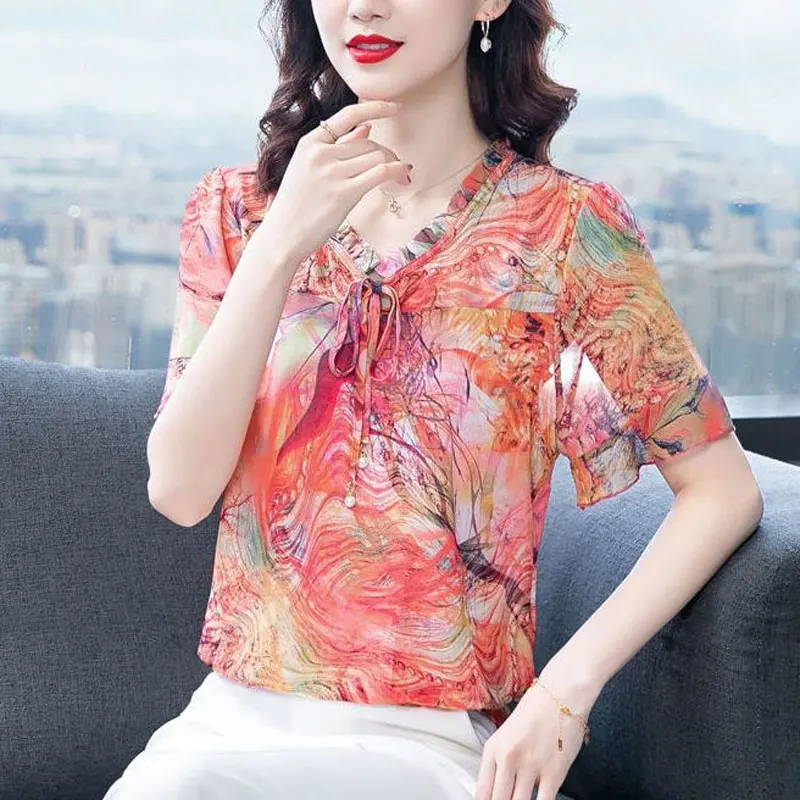 Stylish Vintage Contrasting Colors Printed Blouse Summer Female Elegant V-Neck Ruffles Spliced Casual Drawstring Chiffon Shirt