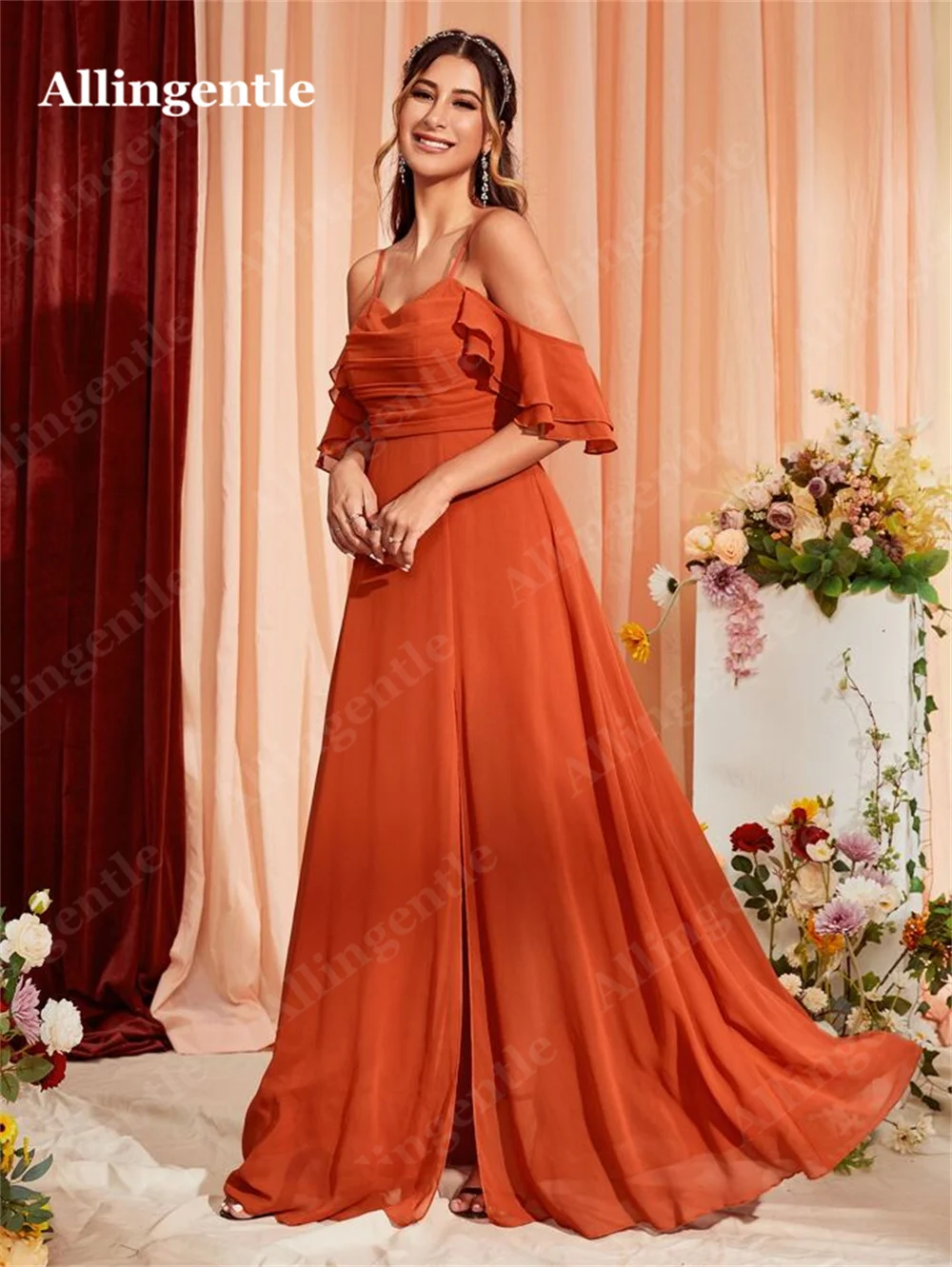 Vestido de dama de honra de chiffon para mulheres, decote franzido, mangas com babados, vestido de noite, linha a, vestidos de coquetel de baile com fenda personalizada