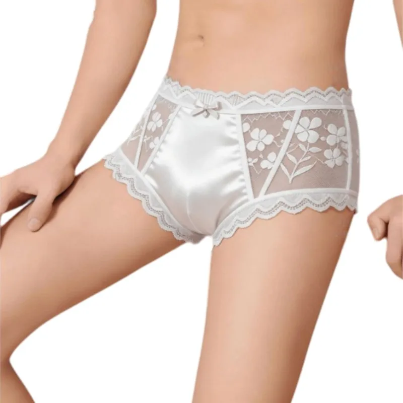 Men's Sexy Lace Trim Mid Waist Floral Underwear Seamless Ultra-Thin Mesh Breathable Comfortable Sweet Cute Briefs