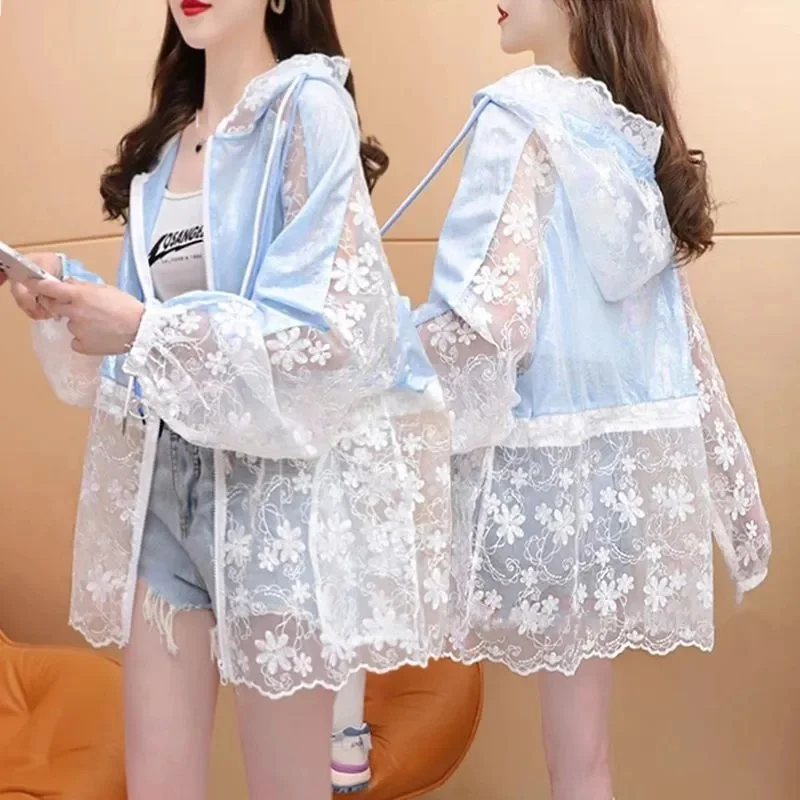 Sunscreen Clothes for Women Wearing Outside in Summer Lightweight Breathable Lace Hollow out Fat mm Cardigan Sunscreen Jacket WF