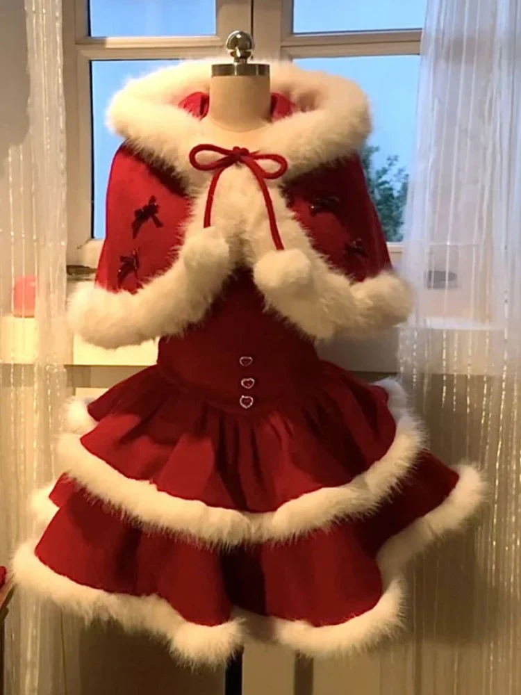 

Christmas Sweet 2 Piece Set Women Faux Fur Cape Coats + Short Party Dress New Years Y2k Vintage Suits Chic Korean Kawaii Outfits