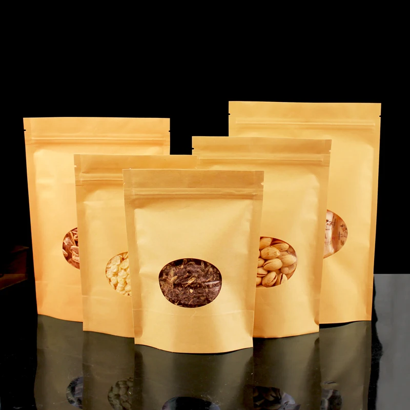 50pcs Stand up Kraft Paper Oval Window Zipper Bags Resealable Ground Coffee Sugar Powder Pets Food Snack Gifts Packaging Pouches