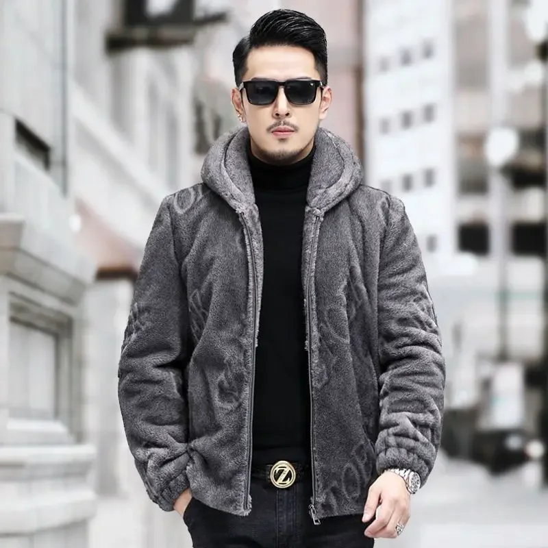 2023 Men's Autumn Winter Fashion Long Sleeve Hooded Coats Male Genuine Fur Printed Jackets Men Slim Fit Warm Overcoats