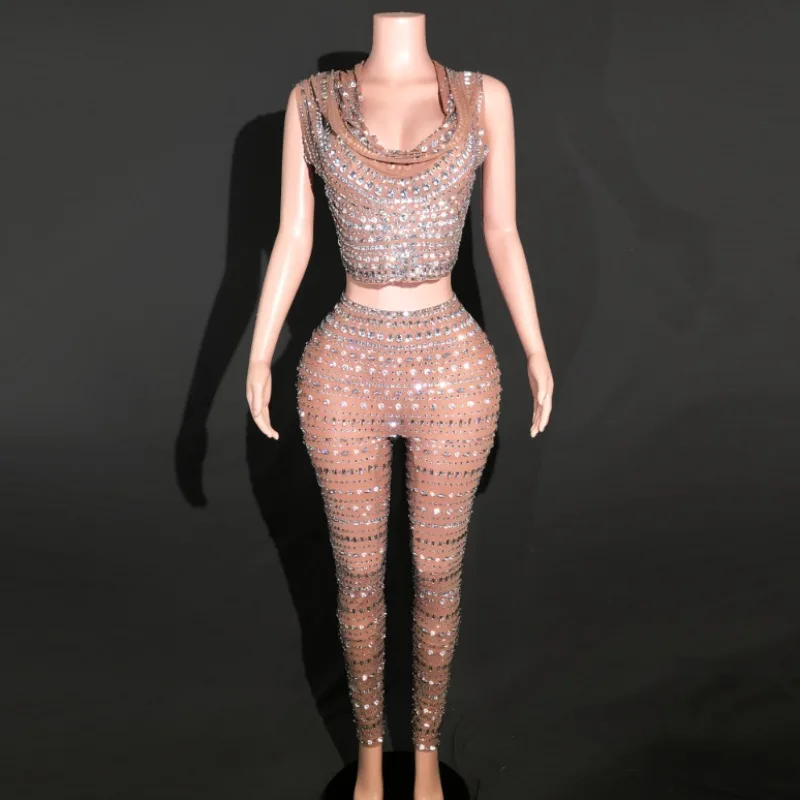 

Sexy Mesh Style Women's Clothing Perspective Stage Clothing Shiny Sticker Diamond Hooded Vestidos De Mujer Elegantes Para Fiesta