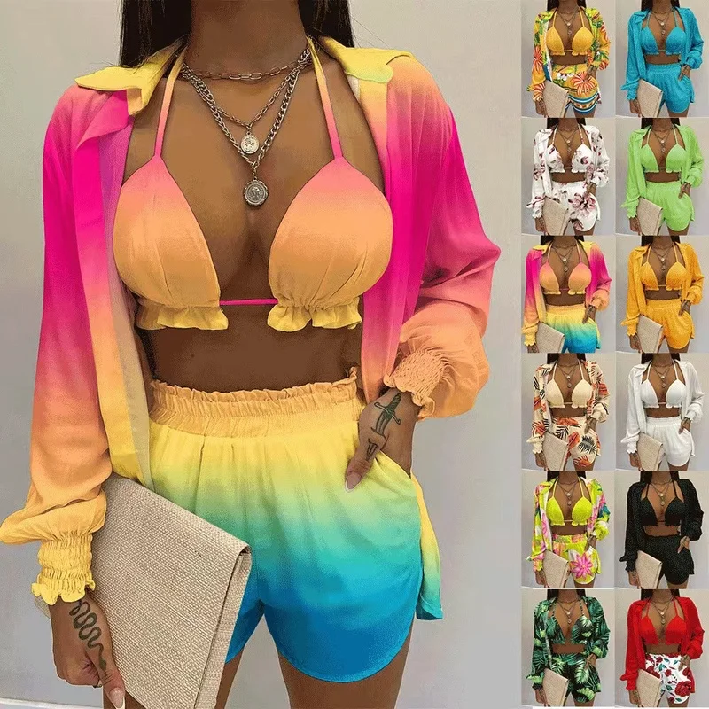 

2023 New Summer 3 Piece Set Outfits Women Sexy Beach Style Printed Suspender Shirt Shorts Pant Suit Swimsuit Women Swimwear