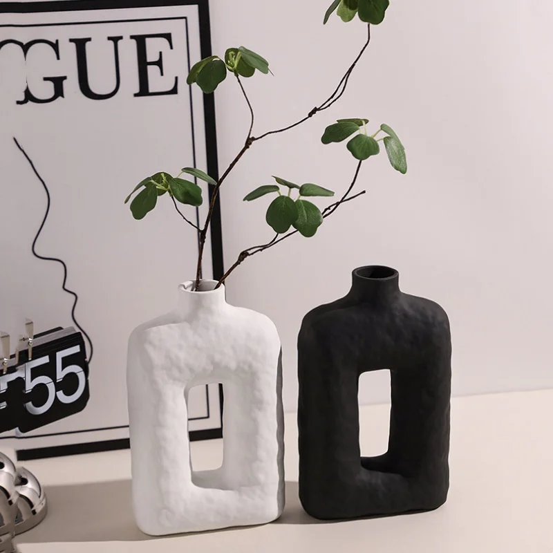Ceramic Vase Geometric Square Hollowed-out Flower Vase Flower Arrangement Accessories Ceramic Handicrafts Home Decoration