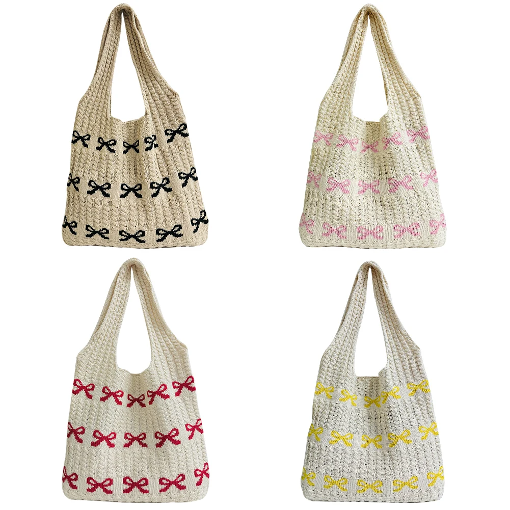 Women Aesthetics Handbag Large Capacity Bow Pattern Crochet Tote Bag Multifunctional Knitted Shopping Bag for Shopping Traveling