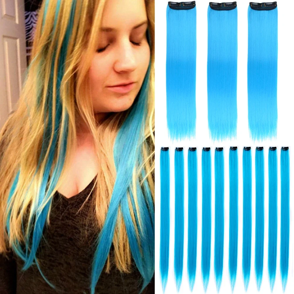 

Colorful Hair Extensions Straight One Clip in Synthetic Long Hairpiece For Girls Women Kid 13Pcs Multi-colors Party Highlights