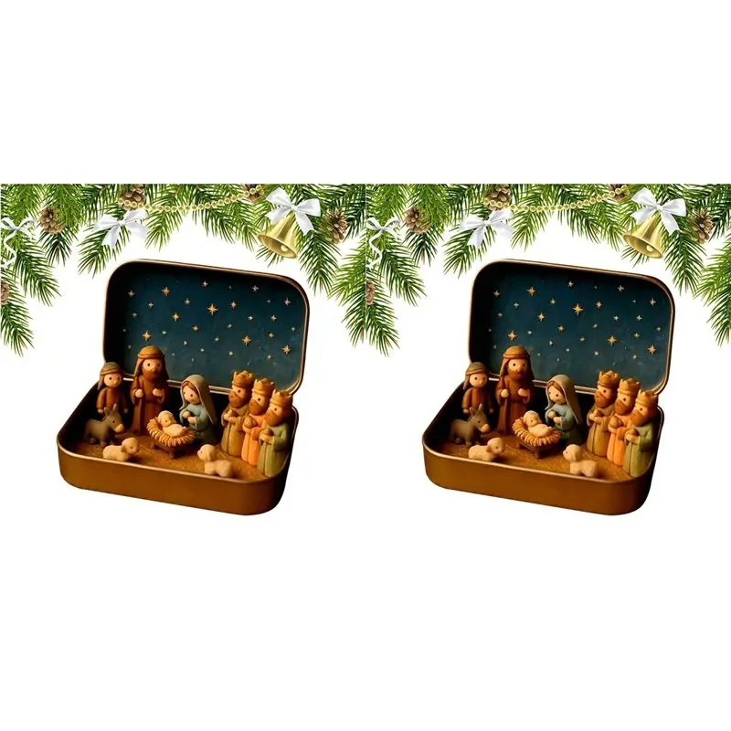 Bestseller 2X Small Nativity Set Tin Box Pocket Size Jesus Birth Decoration Christmas Nativity Display Decor