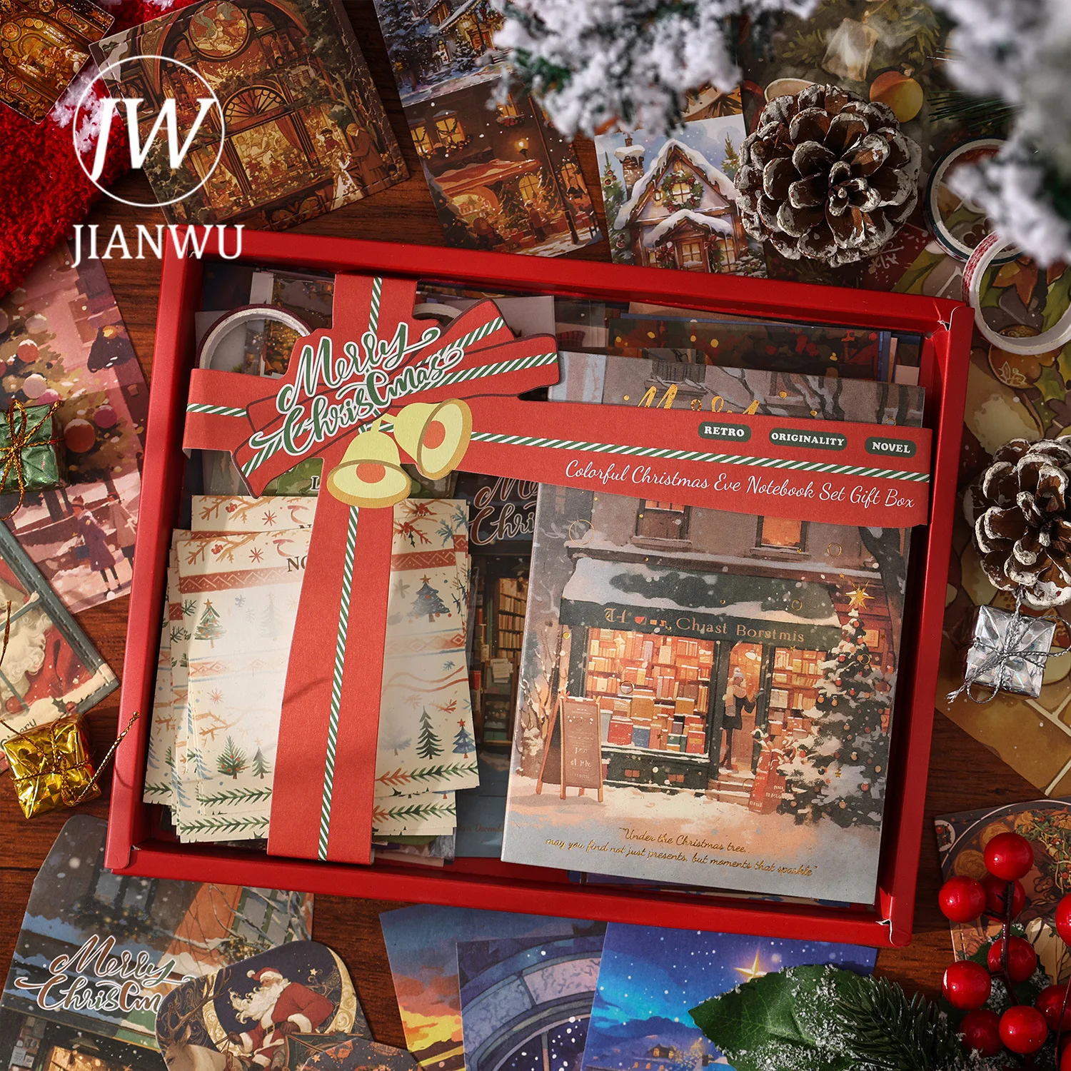 JIANWU Neon Seri Natal Vintage Festival Pohon Santa Claus Lanskap Bahan Kolase Kotak Hadiah Alat Tulis Jurnal Kreatif