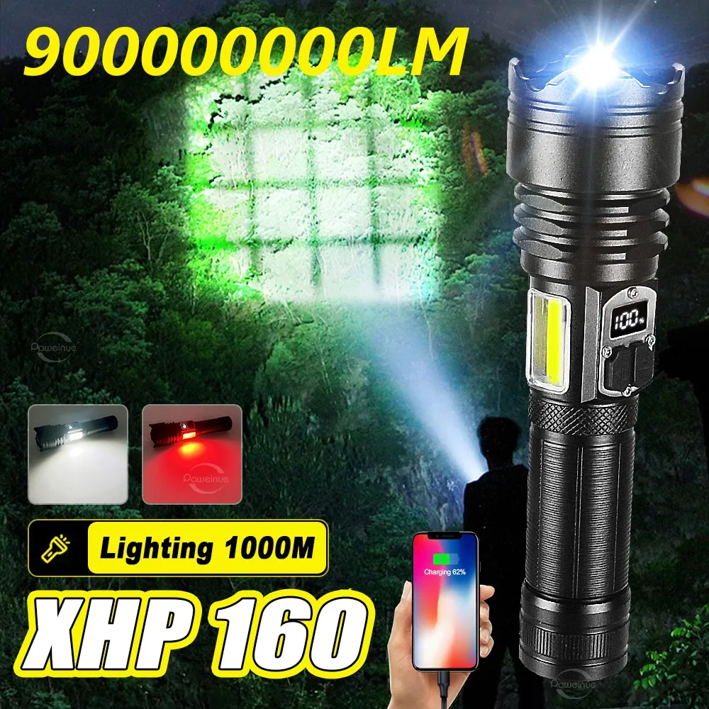 900000000LM High Power LED Flashlight Type-C Rechargeable Torch 3500M Ultra Powerful Flashlight Outdoor Camping Tactical Lantern