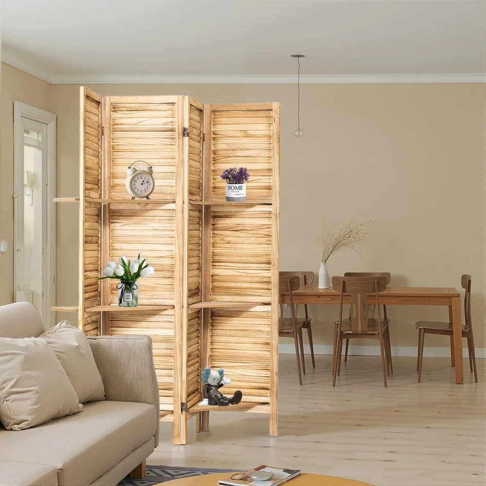 4 Panel Freestanding Wood Room Divider with Multi Layer Display Shelves Durable Natural Wood Indoor Partition Organizer