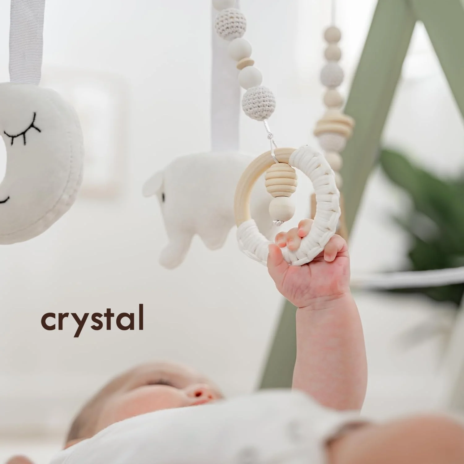 Crystal Wooden Baby Play Gym with 5 Sensory Hanging Toys Soft Stuffed Geometric Shape for Infant Motor Activity & Development
