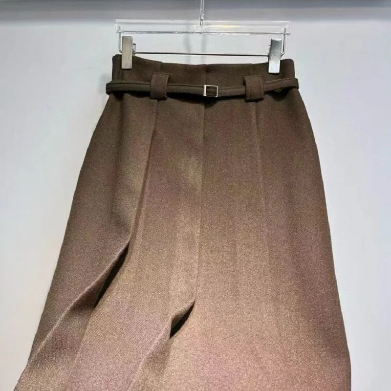 Gonne lunghe di nuovo arrivo 2025 Moda invernale Donna Cintura Patchwork Casual Party Lungo Maxi Khaki Grigio Nero Gonne a pieghe di lana