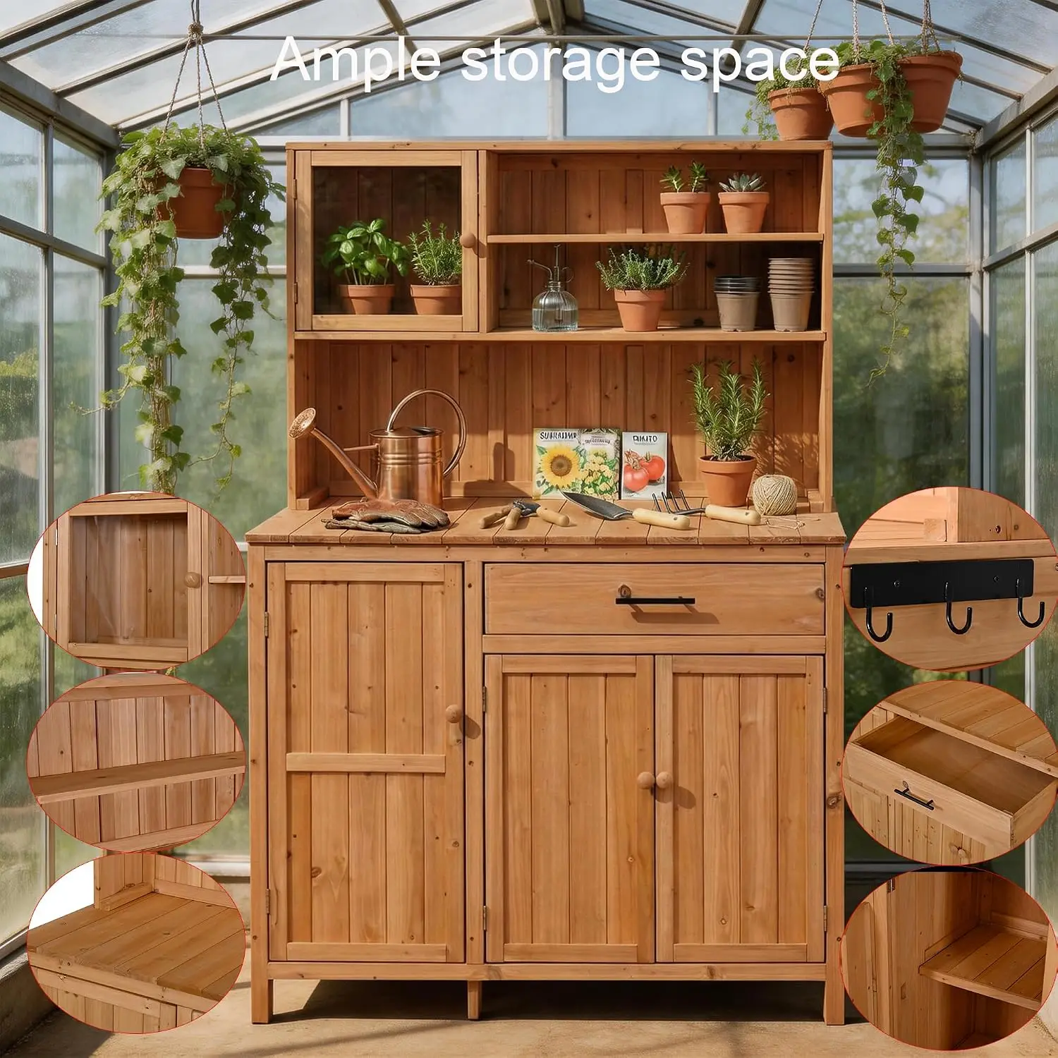 65 Inch Garden Potting Bench with Hutch Top, Natural, Customized